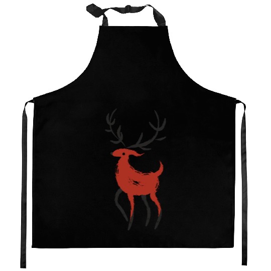 Red and Black Japanese Ink style Reindeer Kitchen Aprons