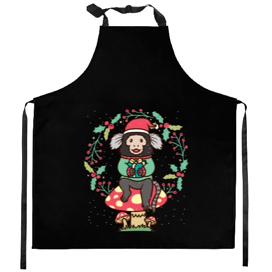 Marmoset Monkey On Mushroom Christmas Wreath Kitchen Aprons
