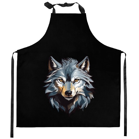Majestic Wolf Face Illustration Kitchen Aprons