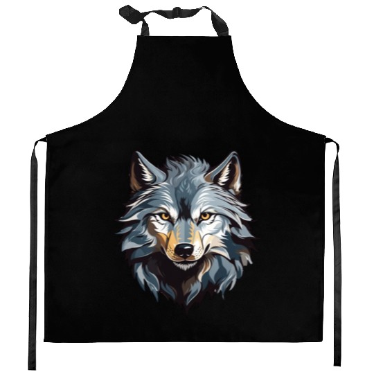 Majestic Wolf Face Illustration Kitchen Aprons