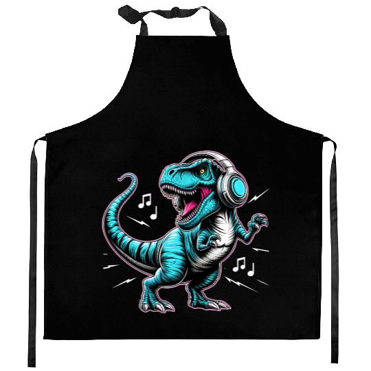 Dancing Tyrannosaurus Rex with Headphone Kitchen Aprons