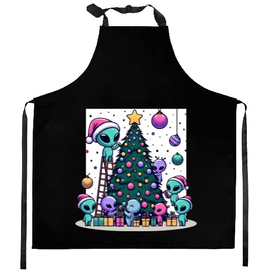 Aliens decorate Christmas tree Kitchen Aprons