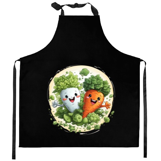 Cute kawaii carrot and a broccoli Kitchen Aprons