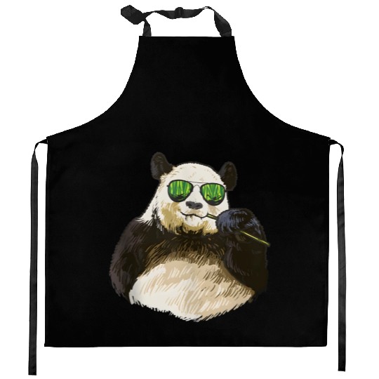 Chilling Panda Eating Bamboo Bear Kitchen Aprons