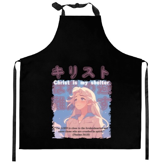 Christian Manga with Kanjis - Christ is My Shelter Kitchen Aprons
