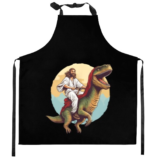 Jesus Riding a Dinosaur Meme Dino Lover Kitchen Aprons