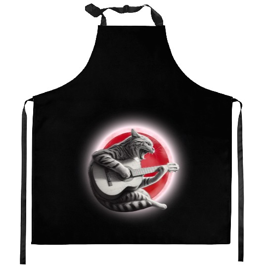 Rock Cat Playing Guitar Kitchen Aprons under the red moon