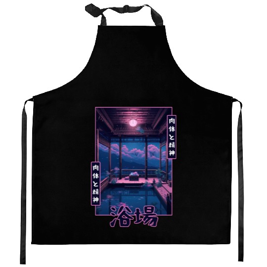 Japanese Vaporwave Bathhouse Sauna Retro Nostalgia Kitchen Aprons