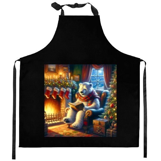 Winter Tales-Merry Cozy Bear Reading by Fireplace Kitchen Aprons