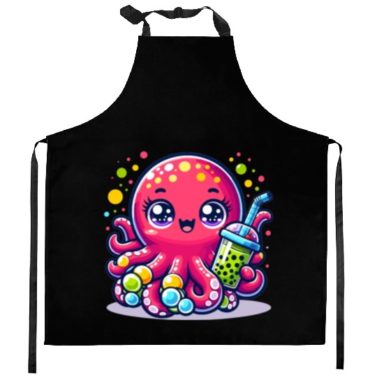 Kawaii Octopus With Bubble Tea Sea Ocean Boba Tea Kitchen Aprons