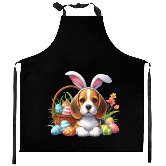 Beagle with bunny ears and easter eggs Kitchen Aprons