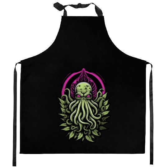 Colorful Cthulhu Kitchen Aprons with Marijuana Leaves