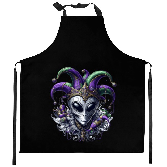 Mardi Gras alien with a fool's hat Kitchen Aprons