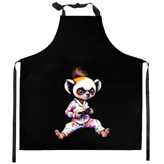 Young Sifaka Wearing Pajamas Retro Video Game Kitchen Aprons