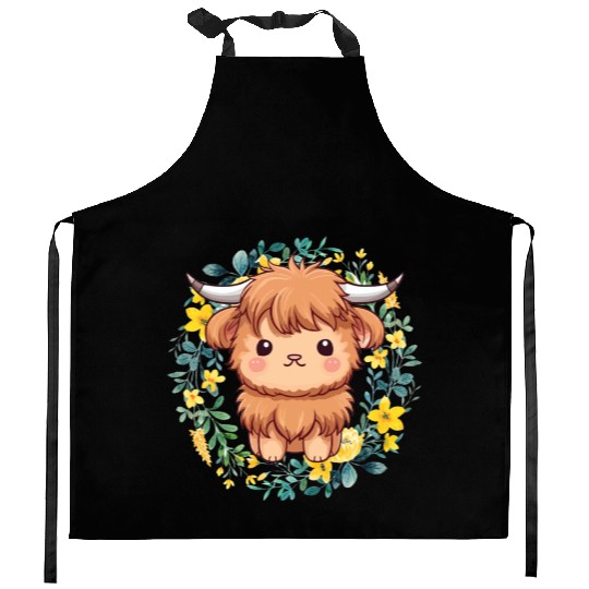 Cute Baby Highland Cow With flowers Calf Animal Kitchen Aprons
