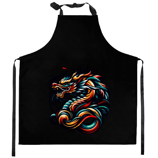 Colorful Chinese Dragon Artwork and Tribal Design Kitchen Aprons