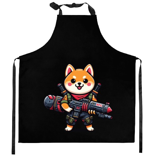 Cute Shiba Inu Dog Play Rocket RPG Cartoon Kitchen Aprons