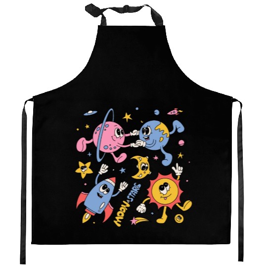Solar System Planets Moon Sun Saturn Cute Groovy Kitchen Aprons