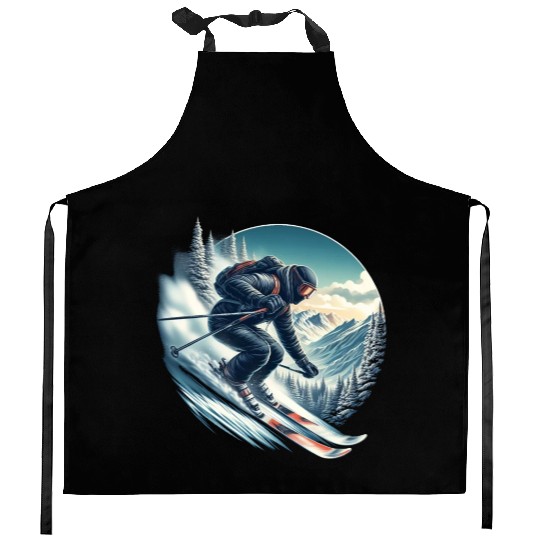 Skier skiing down a mountain Kitchen Aprons