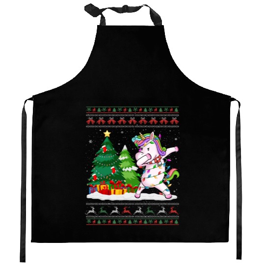 Funny Dabbing Unicorn Lover Santa Hat Ugly Kitchen Aprons