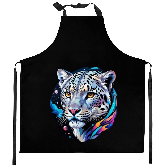 Cosmic Snow Leopard - Ethereal Animal Portrait Kitchen Aprons