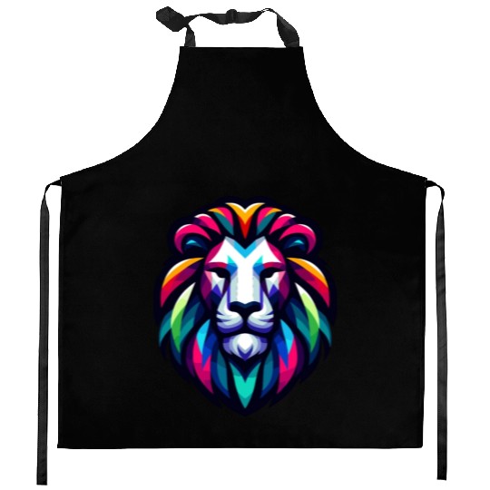 Vibrant Spectrum Lion - Abstract Wildlife Majesty Kitchen Aprons