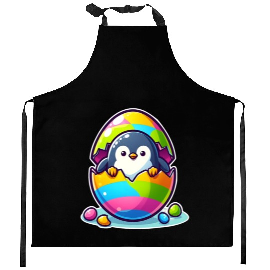 Penguin hatches from colorful Easter egg Kitchen Aprons