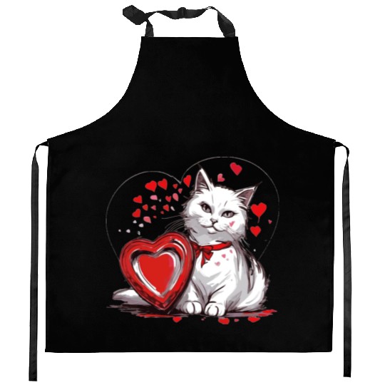 Valentines Day White Cat With Red Heart Box Kitchen Aprons