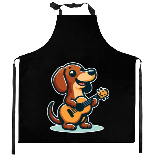 Cute Dachshund playing Guitar Kitchen Aprons