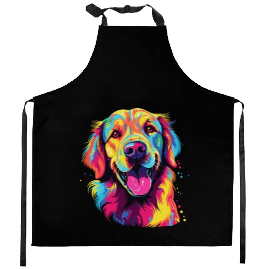 Watercolor Colorful Golden Retriever Kitchen Aprons