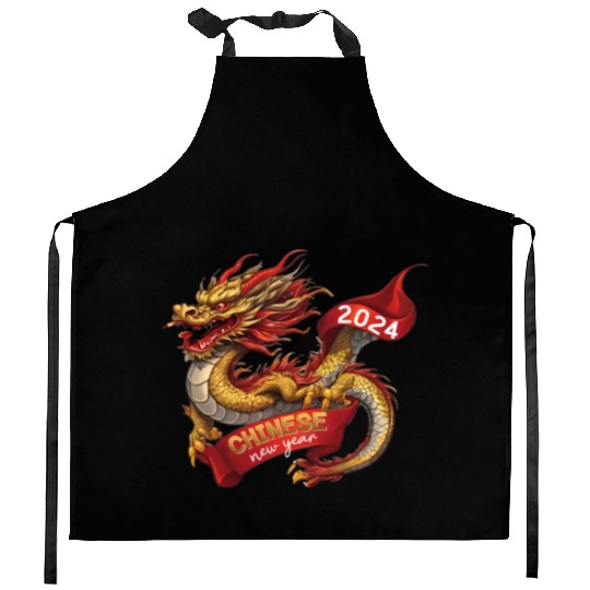 Chinese New Year Dragon: Red Gold Grey White Kitchen Aprons