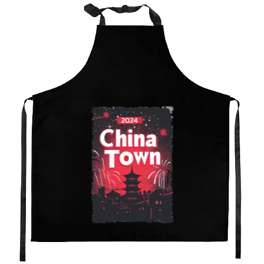 ChinaTown Ignites: Synthwave Red & Black Shiluette Kitchen Aprons