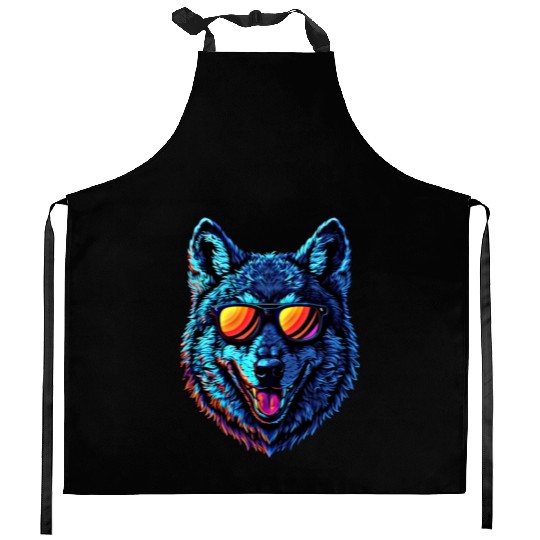 Cool Wolf Face Blue Wolf Wearing Sunglasses Kitchen Aprons
