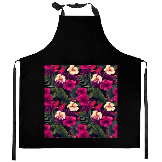 Tropical Pink Flowers Leaves Pattern Kitchen Aprons