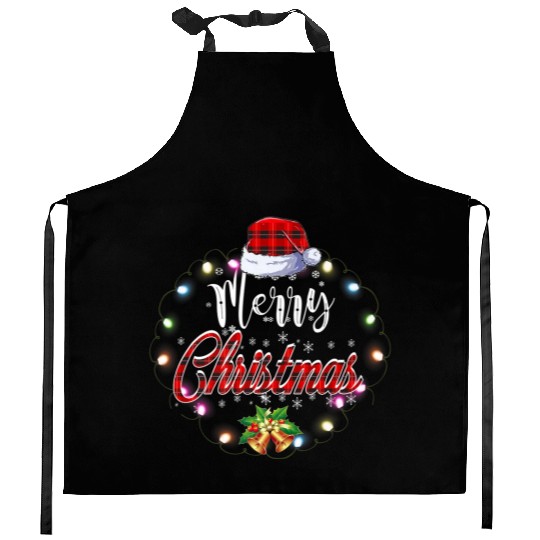 Merry Christmas Buffalo Red Plaid Lights Kitchen Aprons