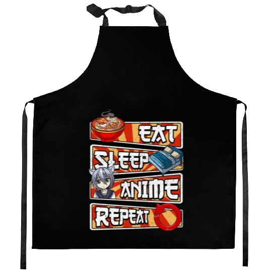 eat sleep anime repeat cute lovers obsessed Kitchen Aprons