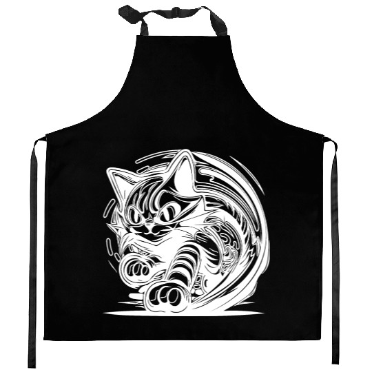 Clumsy Wild House Cat In Tattoo Style Kitchen Aprons
