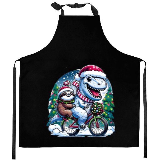 Winter Wonderland T-Rex and Sloth Cycling Duo Kitchen Aprons