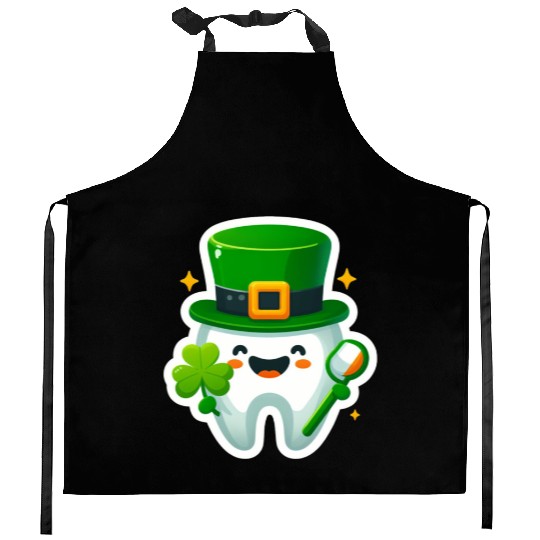 St patricks day cartoon dentist design, cute tooth Kitchen Aprons