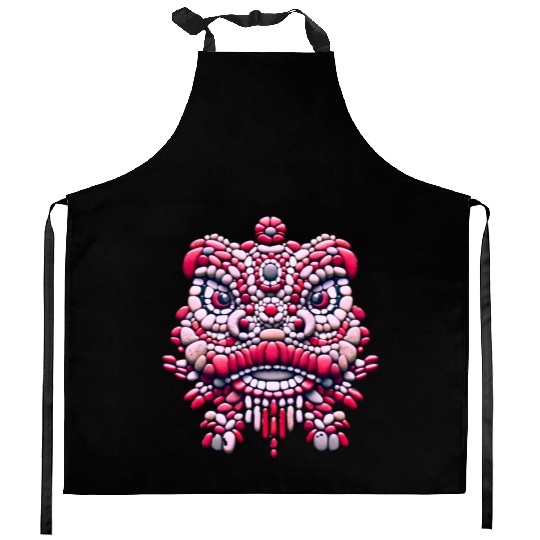 Chinese New Year - Pink Peony Lion Dance Mask Kitchen Aprons