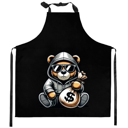 teddy bear holding a money bag Kitchen Aprons