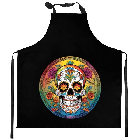 Sugar skull rainbow Kitchen Aprons