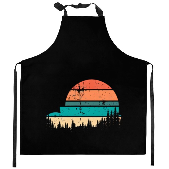 Retro Evergreen Sunset Stepped Circle Design Kitchen Aprons