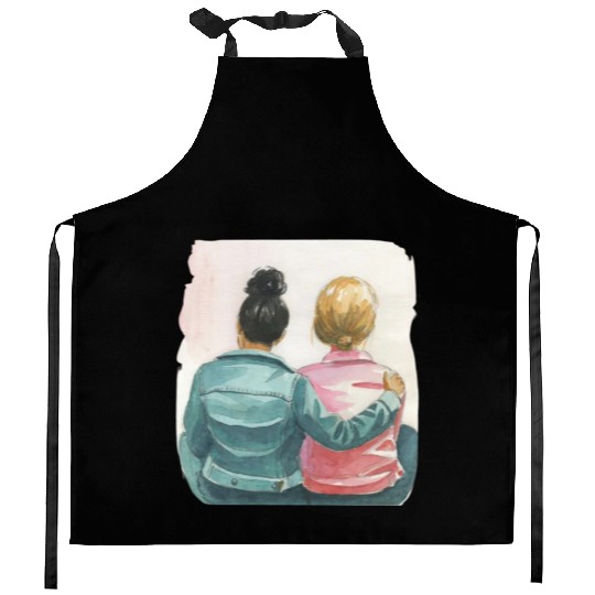 Watercolor Lesbian Couple Kitchen Aprons