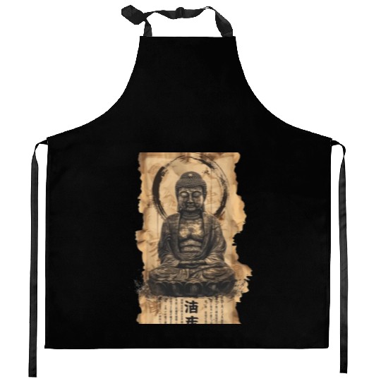 Vintage Papyrus Scroll Japanese Silhouette Buddha Kitchen Aprons