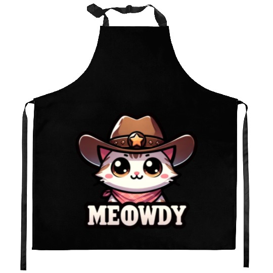 Cute Meowdy Cat Cowboy Pun Kitchen Aprons