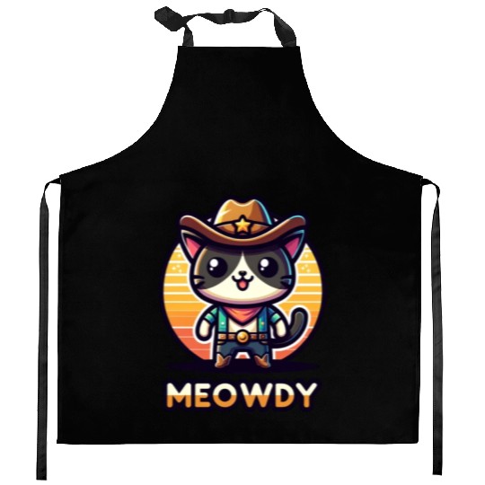 Cute Meowdy Cat Cowboy Pun Kitchen Aprons