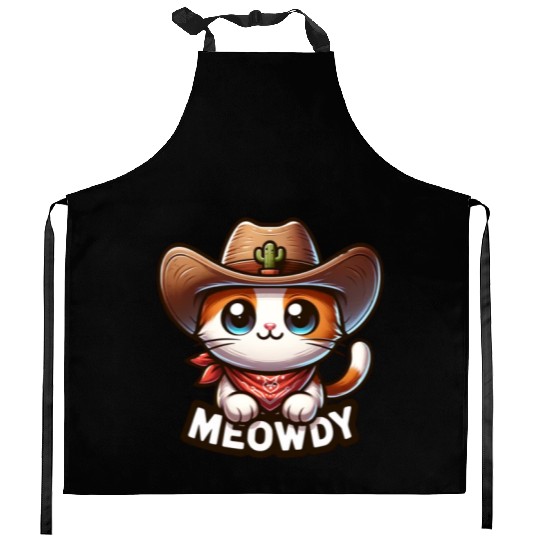 Cute Meowdy Cat Cowboy Pun Kitchen Aprons