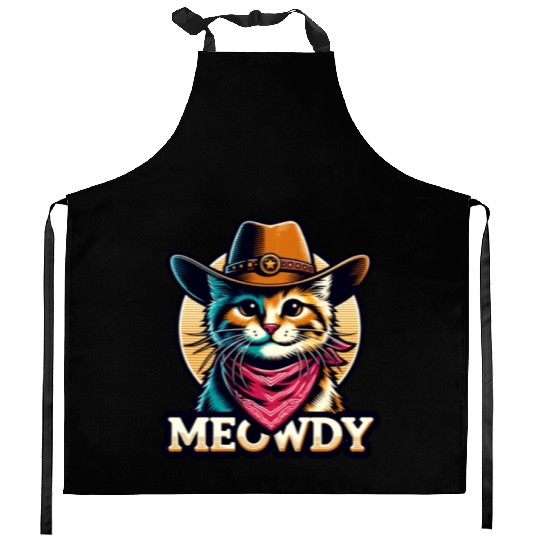 Cute Meowdy Cat Cowboy Pun Kitchen Aprons
