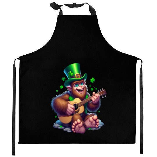 St Patrick's Day Bigfoot playing on guitar Kitchen Aprons